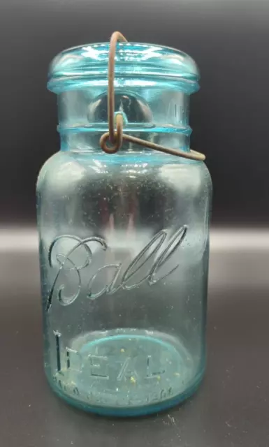 Antq Ball IDEAL 1908 BLUE Canning Narrow Mouth Mason Jar w/Wire Bale w/Lid Quart