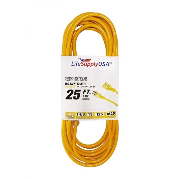 Cable de extensión de potencia de 25 pies para exteriores e interiores de alta resistencia calibre 14/3 clavijas SJTW