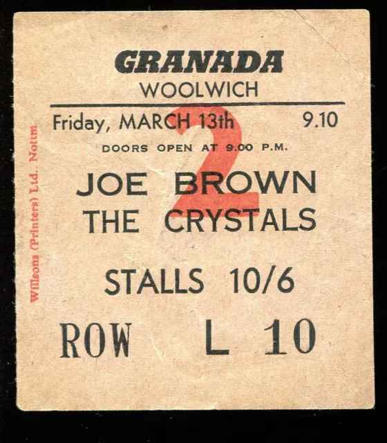 JOE BROWN / THE CRYSTALS :  original UK 1960s Gig ticket : Granada, Woolwich