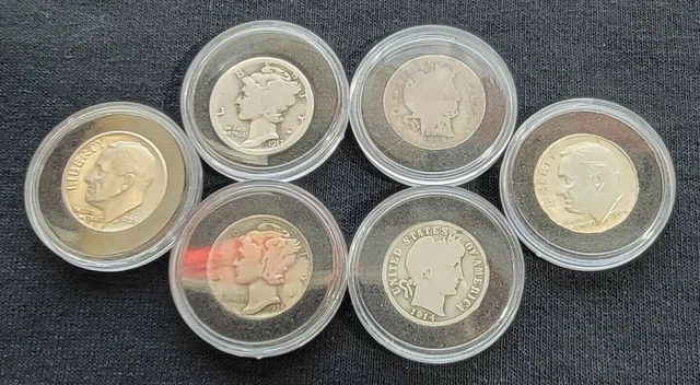 Lot of 6 Dimes 1899 & 1914 Barbers 1917 & 1936 Mercury 1963 D & 1964 Roosevelt