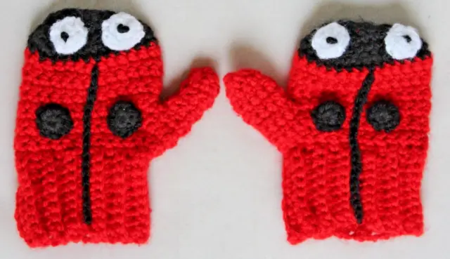 Pair of Hand Crocheted  Children's Ladybird Mittens -  Made in Australia