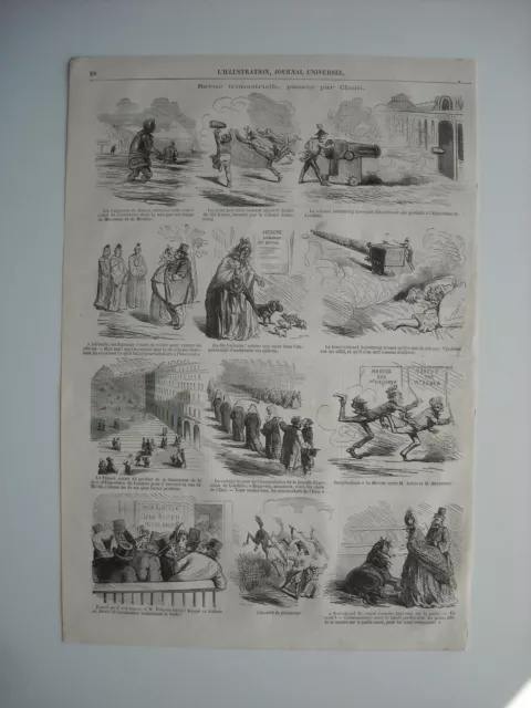 Gravure 1862. Revue Trimestrielle, Passee Par Cham. 12 Caricatures, Avec Legende