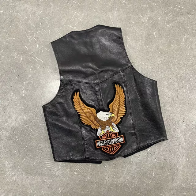 Vintage 90s Unik Ultra Harley Davidson Embroidered Patch Leather Vest Sz 44