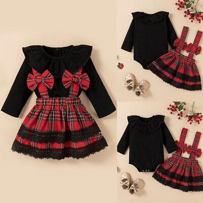 Christmas Baby Girls Plaid Check Jumpsuit Skirt Dress + Romper Tops Outfit Set