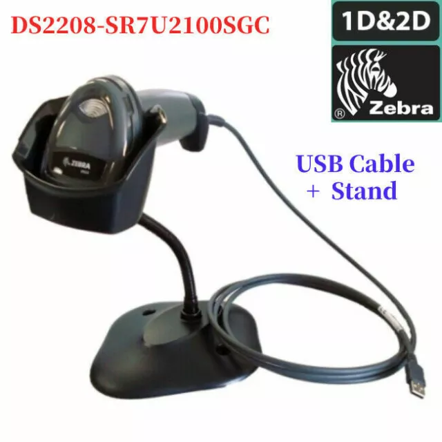 Zebra DS2208-SR 1D/2D-Barcode-Handscanner-Kit mit Ständer + USB-Kabel Neu