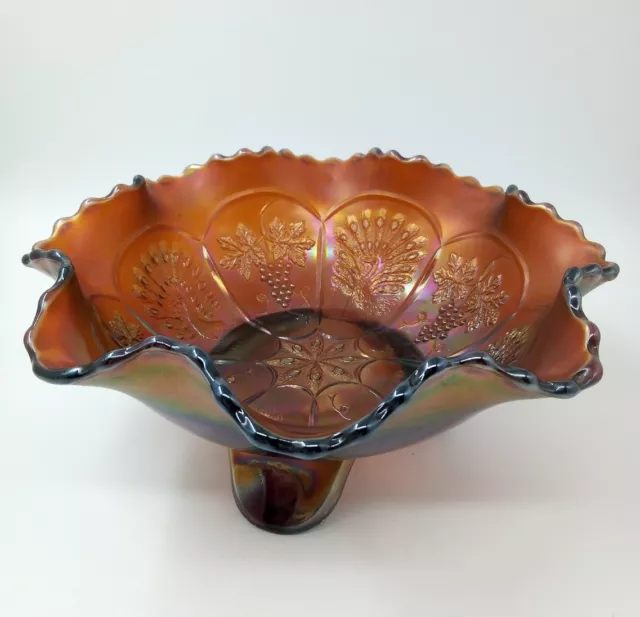 Vintage Fenton 'Peacock & Grape' Amethyst Carnival Glass Footed Bowl 20cm Diam
