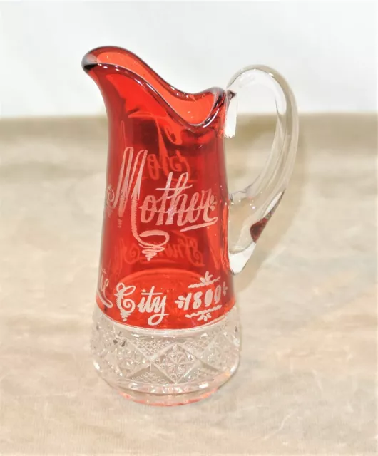 Antique RUBY FLASH Pressed Glass Pitcher MOTHER Atlantic City Souvenir 1899 EAPG