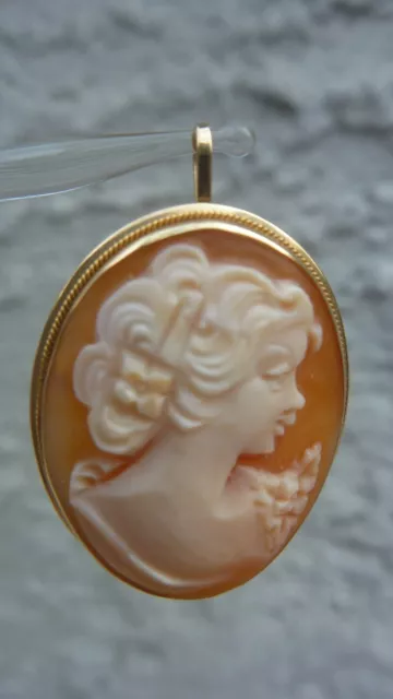 Estate 14K Gold Hand carved Shell Cameo Pin Pendant Napoli Italy Signed New Tag