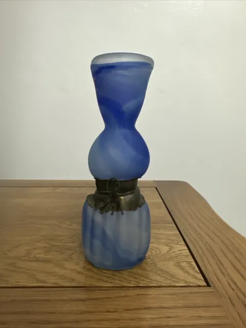 Beautiful vintage Studio Art Glass Blue Swirl Wave Vase Infused metal detailing