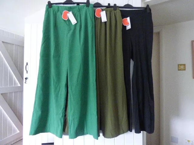 Three pairs ladies wide leg trousers size 16 bnwt see measurements