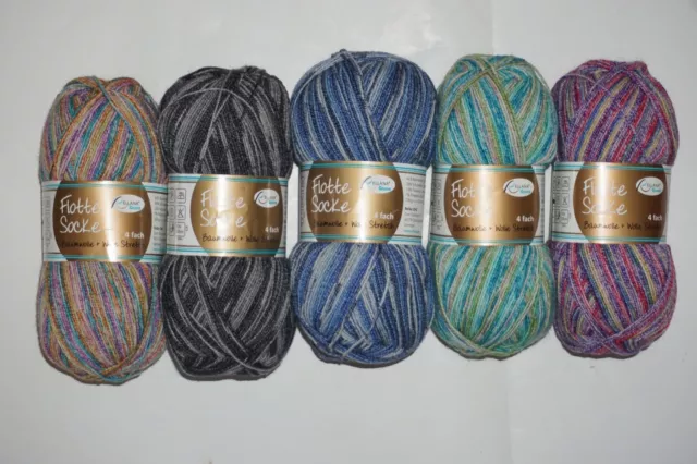 5 x 100 gr. Sockenwolle/Strumpfwolle Rellana 4-fach Flotte Socke  mit Baumwolle