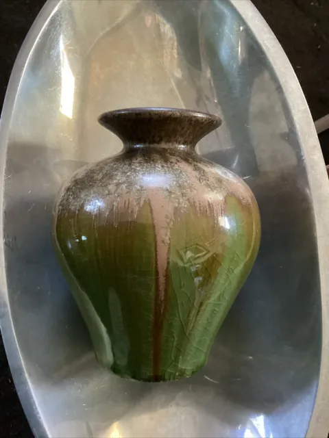 Vintage Pottery Bud Vase Green & Brown Ombré Mid Century Modern Drip Glaze 4.5”