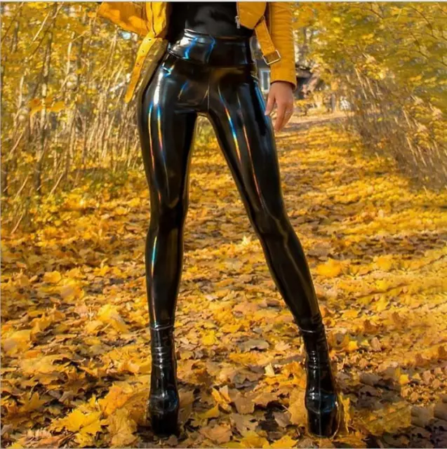 WOMEN STRETHCY WET LOOK Vinyl Leggings Trouser PU Leather Zipper