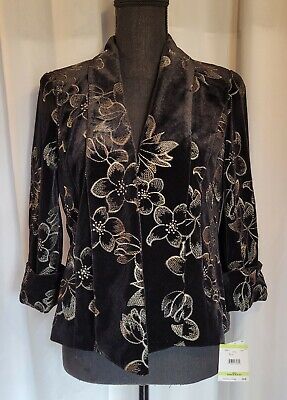 Kasper Womans Velvet Jacket Black With Metallic Floral Pattern Size 4