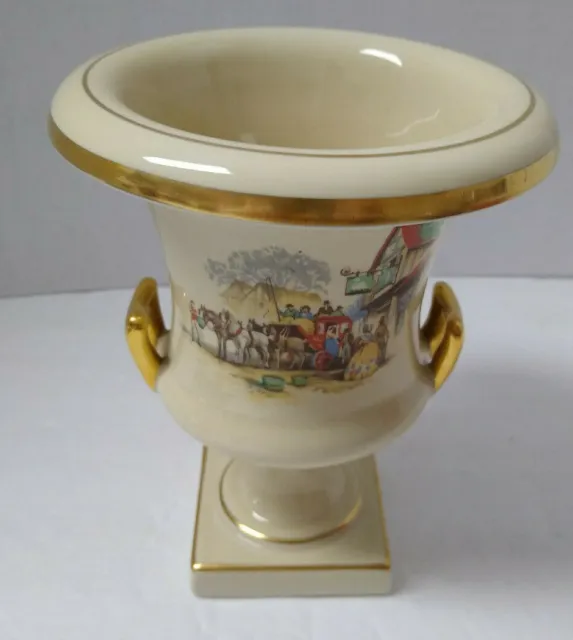 Vtg Trenton Nj Pottery Urn Vase Victorian Scene Coach Horses Cream Gold 6"H