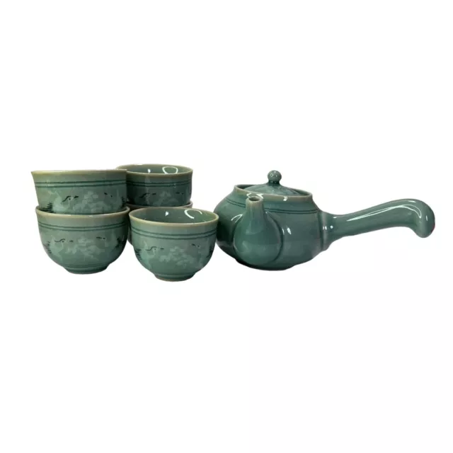 Celadon Tea Set Teapot With 5cups Flying Crane And Clouds Korean Goryeo