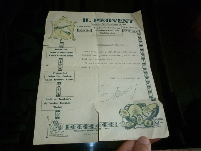 Ancienne facture 1941 H Provent Peau de Tambour Gosse Caisse Jazz Timbale LYON