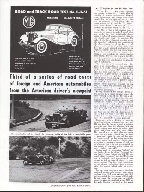 Road & Track Article Reprint from April 1951 -- Road Test F-3-51 MG TD Midget --