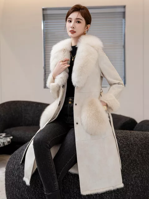 WINTER TRENCH COAT Womens Suede Leather Genuine Fox Fur Rabbit Fur ...
