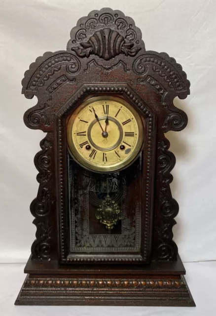 Antique 19th Century Ansonia Gingerbread Wood Mantle Clock Wavy Glass USA