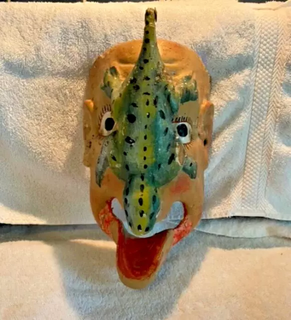 Vintage Hand Carved LIZARD ON FACE Wooden Mask Mexican Folk Art-From Mexico!