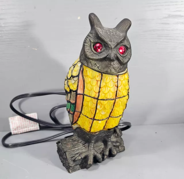 Tiffany Style Owl Desk Lamp Multi-Color Stained Glass Mosiac Nightlight 9" Tall