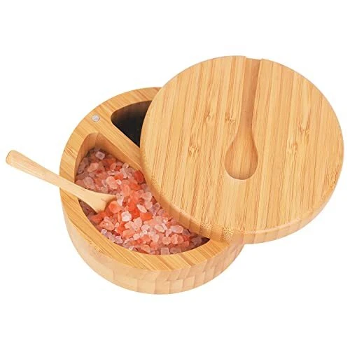 Bamboo Salt and Pepper Bowls, Divided Salt Cellar With Swivel Lid and Spo...