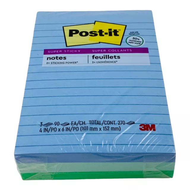 3 Pads Post-it Recycled Super Sticky Notes Lined 4"x 6" Oasis Collection