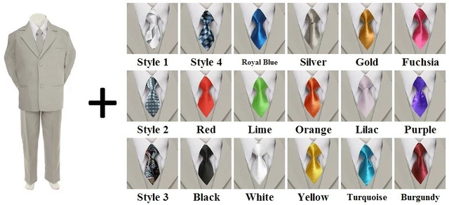 New 6pc Extra Neck Tie + Boy Infant Toddler Light Gray Formal Suit Tuxedo S-20