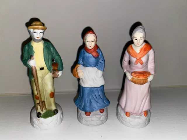 Set of 3 Fine Porcelain Old Lady and Old Man Bisque Hand Painted Figures & Boxes