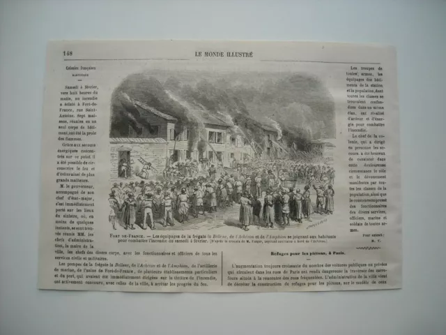 Gravure 1865. Martinique. Fort De France. L’incendie 4 Fevrier Habitants, Marins