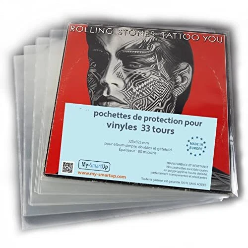 POCHETTES pour vinyles en POLYPROPYLENE, 50 unités (33 tours, 12",325x325 80 mic