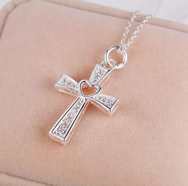 Womens 925 Sterling Silver CZ Crystal Heart Cross Pendant Chain Necklace #NE178