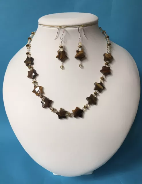 Tigers Eye stars, Hematite  & Citrine beaded necklace & earrings with silver