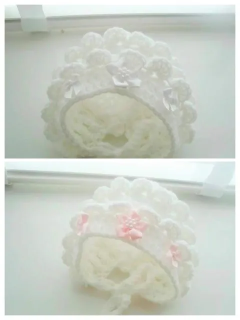 2 pack baby girl white crochet bonnets 1 white flower & bows 1  pink flower  bow