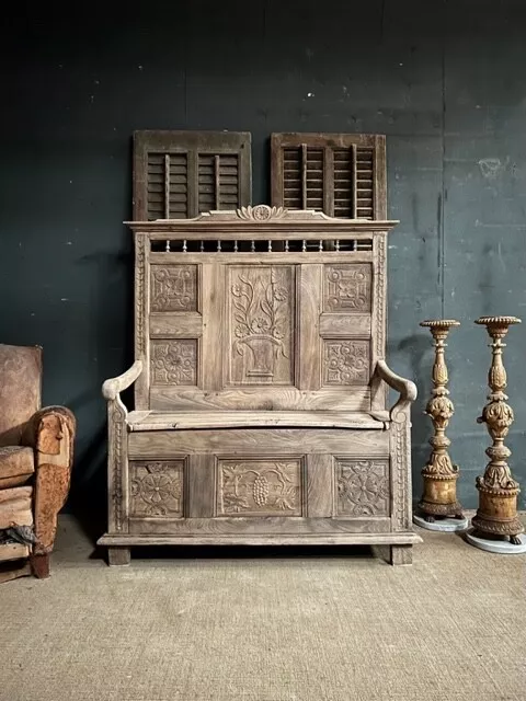 Stunning Antique Box Bench  / Carved antique Storage Bench / Carved Oak Bench