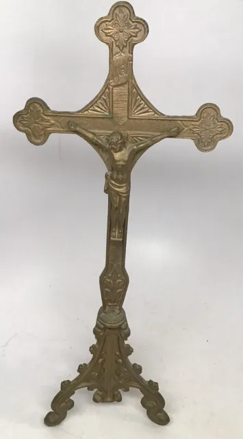 Vintage INRI Crucifix Jesus Christ Cross Statue Brass Free Standing Altar (9)