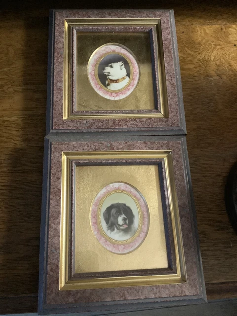 Minton Dog Plaques Hand Painted Miniature Portrait Landseer Pair Frame Antique