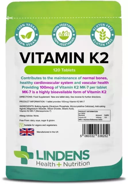 Lindens Vitamin K2 100mcg Comprimés Végétaliens Menaquinon Mk-7