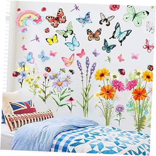 Flower Wall Decals Butterfly Wall Sticker Peel and Stick Wall Art Colorful