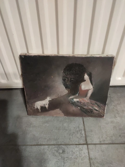 Tableau Abstrait Helmi - Artiste Français - Peinture Sur Lin - Milieu Du Siècle