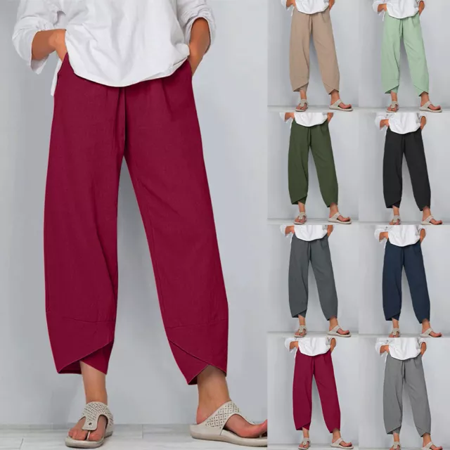 Plus Size Womens Cotton Linen Baggy Harem Pants Ladies Summer Loose Trousers UK