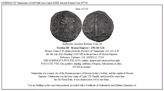 GORDIAN III Viminacium 242AD Bull Lion Legion RARE Ancient Roman Coin i45736 3