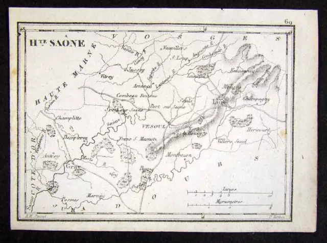 c. 1830 Perrot Tardieu Map Haute Saone Versoul Lur France  Miniature Antique Map
