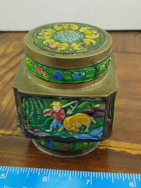 Antique Chinese Enamel Brass Tea Caddy Container 2