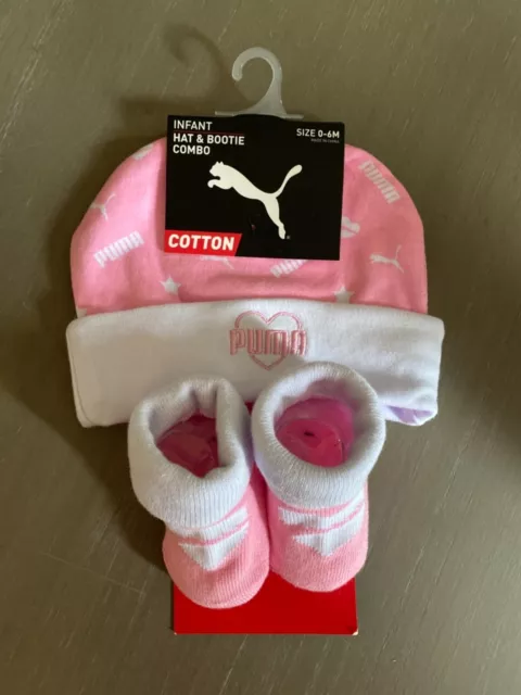 Puma Infant Baby Girl Size 0-6 Months Pink White Hat Beanie Bootie Sock 2 Pc Set