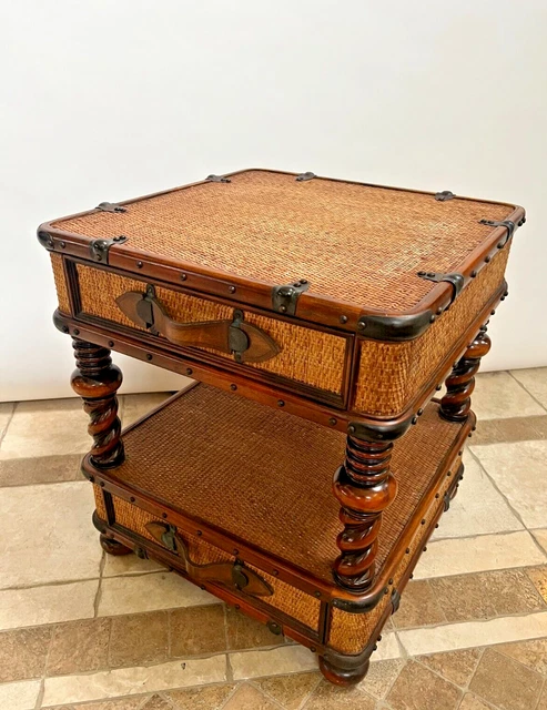 Vintage Two Drawer Side Table chest with bottom shelf  Barley twist legs Wicker