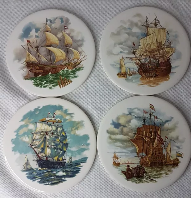 4 Vintage H & R Johnson Round Ceramic Coaster /Trivet/ Tiles Sailing Ships Rare