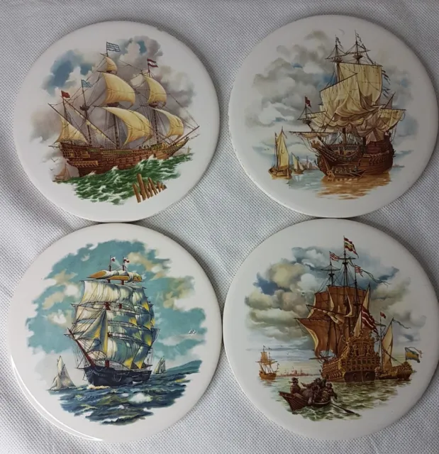 H & R Johnson 4 Round Vintage Ceramic Coaster /Trivet/ Tiles Sailing Ships Rare