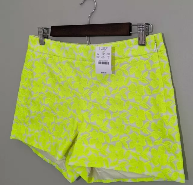 J Crew Neon Lemon Grass Yellow Embroidered 100% Cotton Shorts NEW Sz 2 Side Zip 3